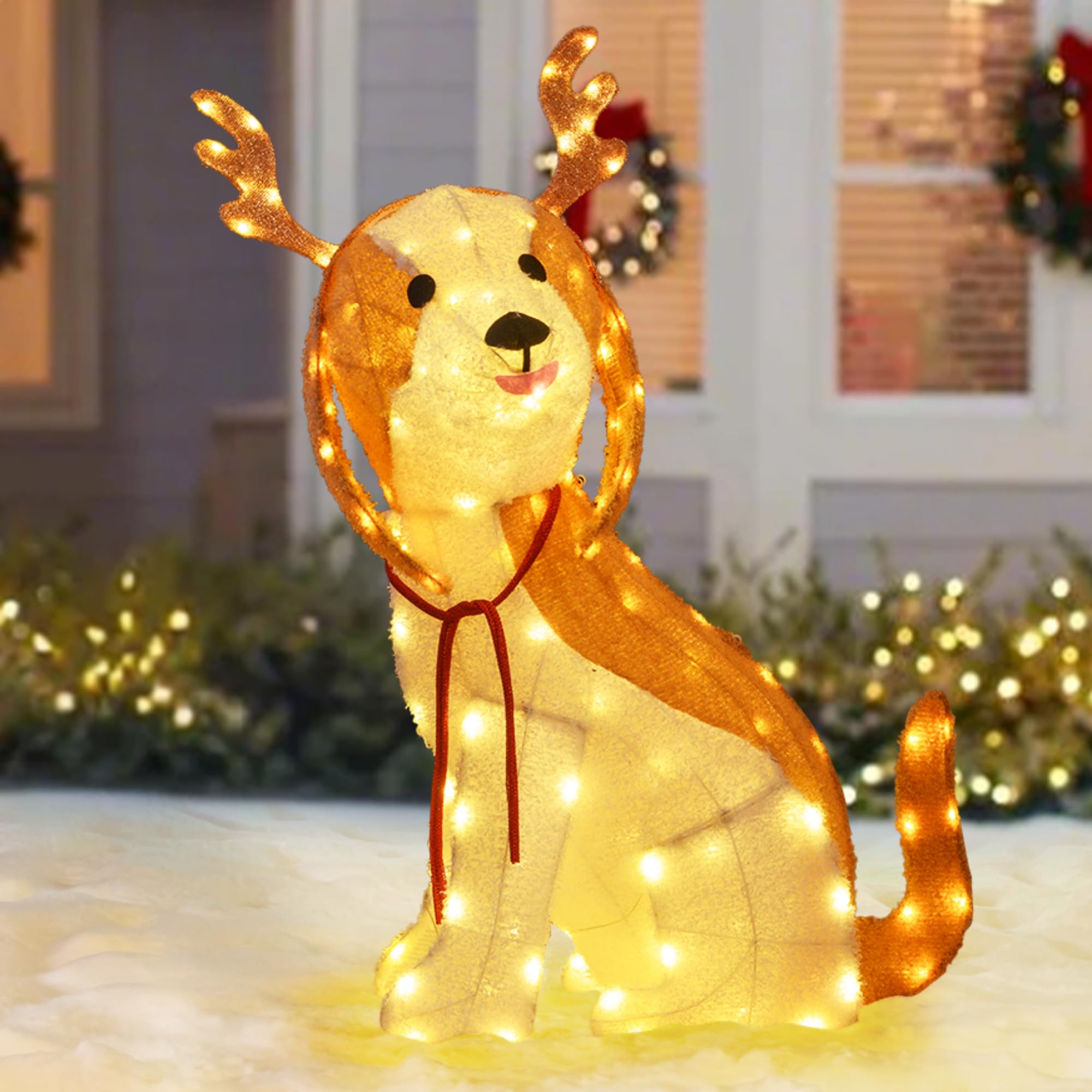 Tangkula 3.7 FT Outdoor Christmas Lighted Dog, 3D Xmas Beagle Dog with Antler, Furry Surface & 164 Warm White LED Lights